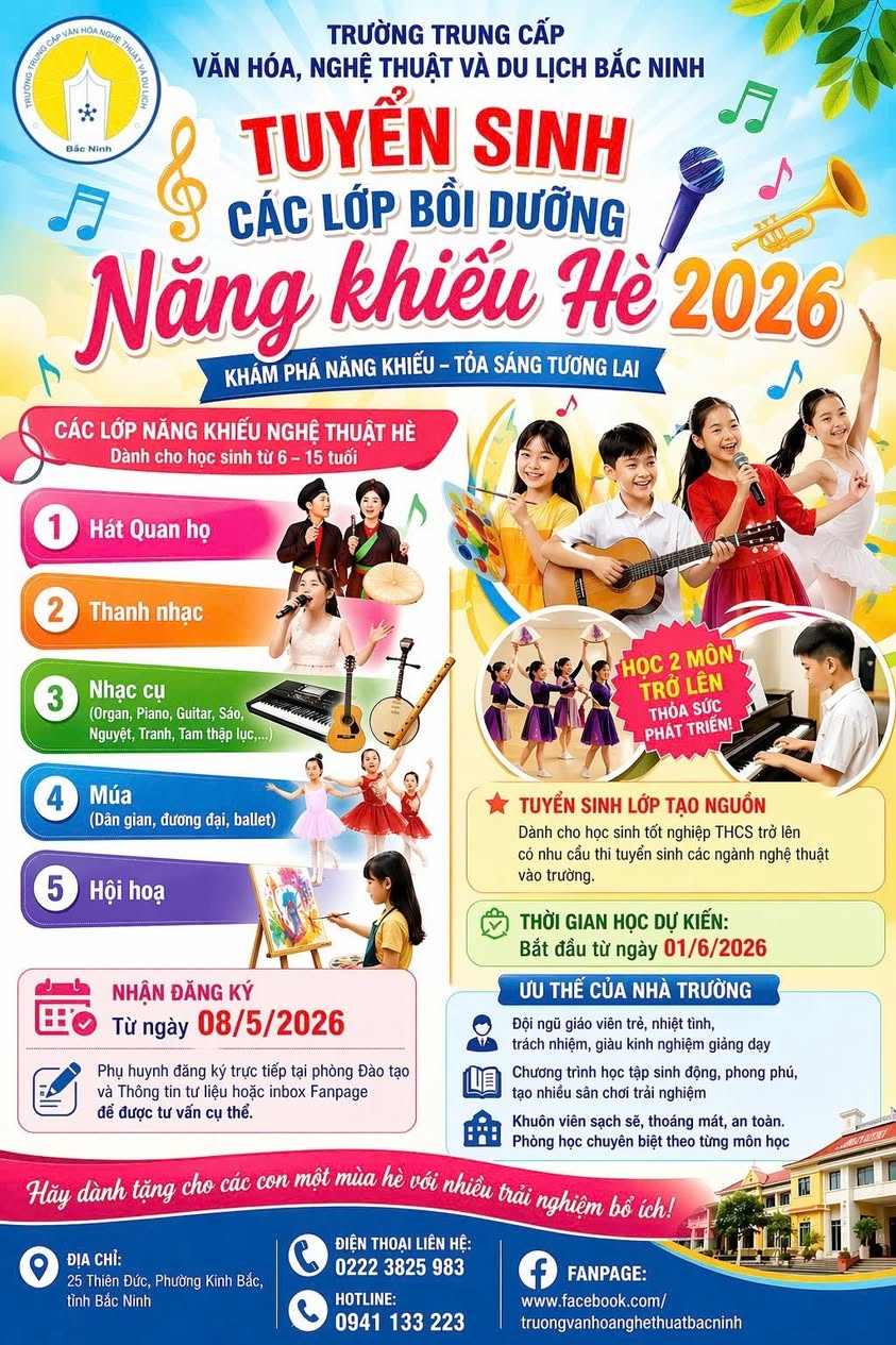 THÔNG BÁO TUYỂN SINH CÁC LỚP NĂNG KHIẾU NGHỆ THUẬT HÈ 2026